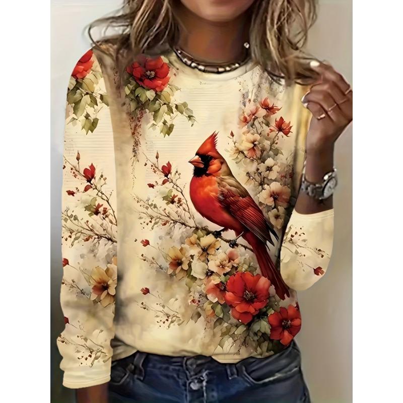 Women's Floral Print Round Neck Long Sleeve T-Shirt