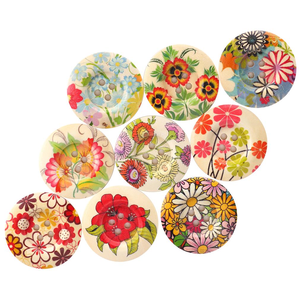 100Pcs Buttons Natural Wood Color Painted Printing Wide Sided DIY Clothing Accessories 30mm
