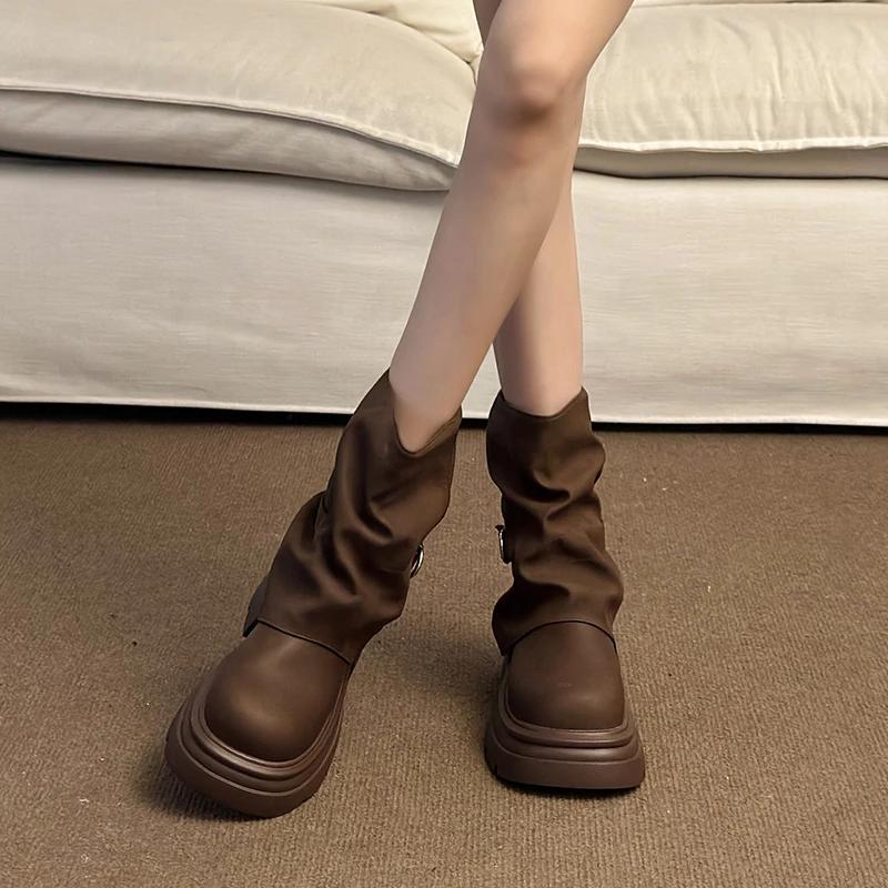 Fashion Women Boots Middle Follow Thick Sole Anti-slip Waterproof Platform Retro Upgraded Round Head Fang Hei Shoes Botas Mujer
