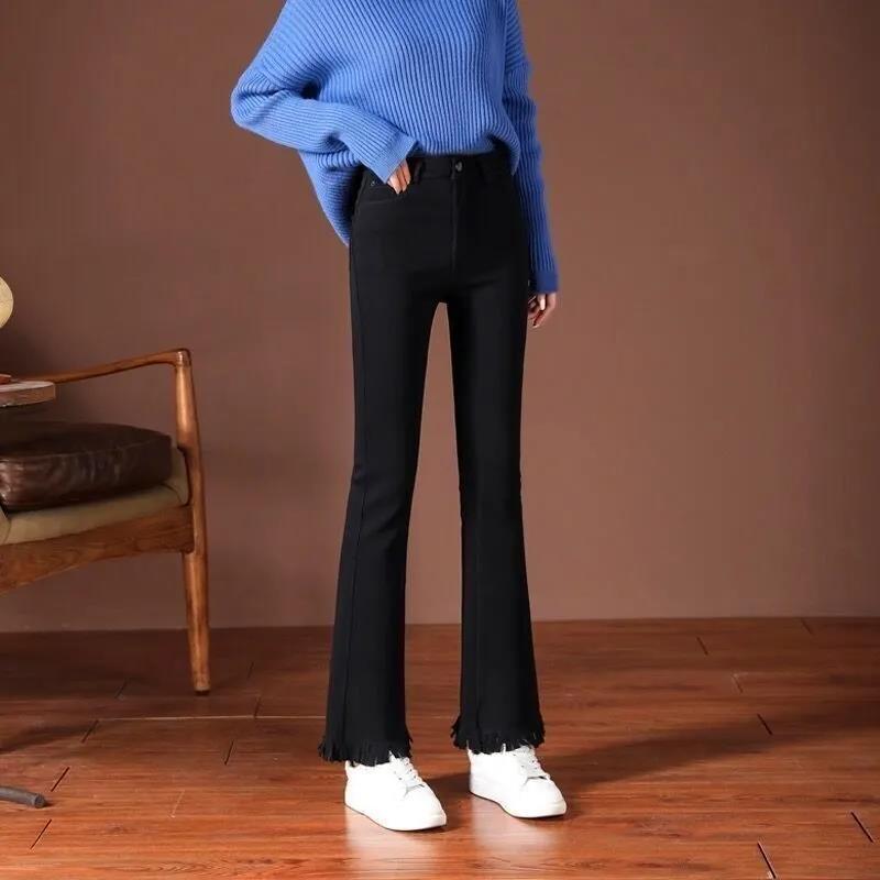 Damen Mikrohose Hose Hohe Taille Frühling und Herbst Übergröße Stretchjeans Neunpunkt Drapierung Schlaghose