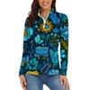 Women's Casual Fashion Retro Floral Print Long Sleeve Zipper Neck Top T-shirt