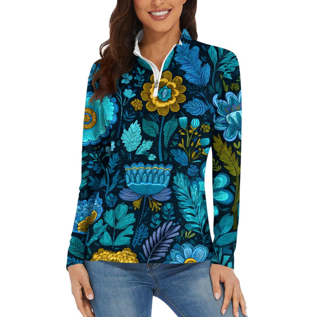 Women's Casual Fashion Retro Floral Print Long Sleeve Zipper Neck Top T-shirt