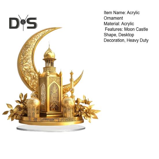 Acrylic Moon Castle Ornament 2D Flat Golden Crescent Moon Mosque Table Sign Holiday Party Home Office Living Room Bedroom Desktop Decoration