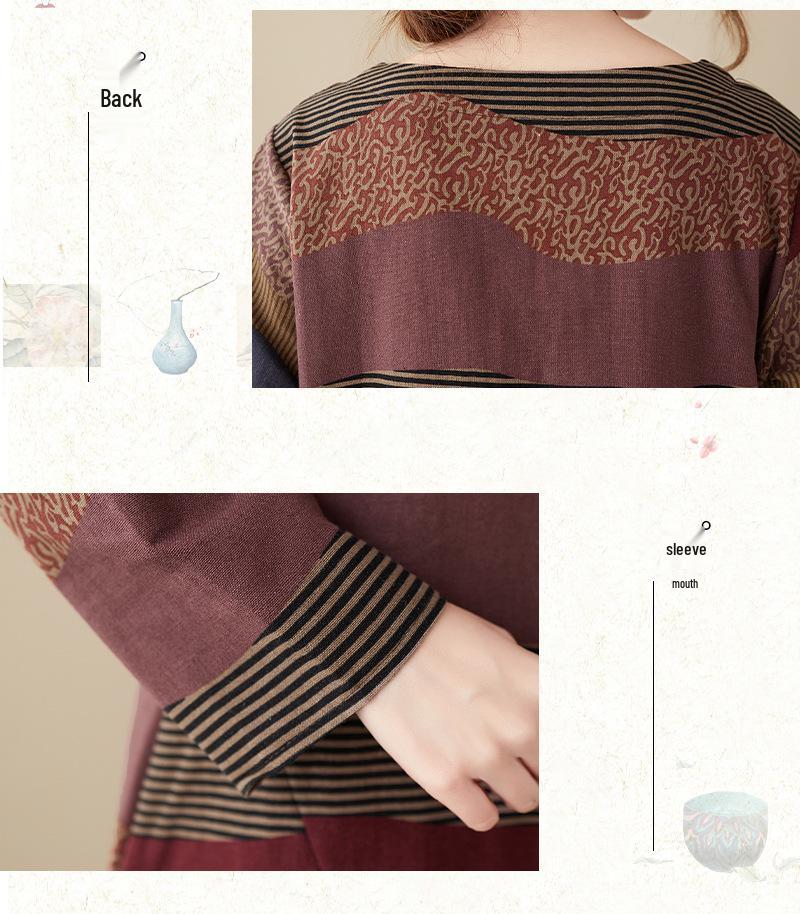 Artistic Temperament Cotton Linen Round Neck Long Sleeve Casual Dress for Women