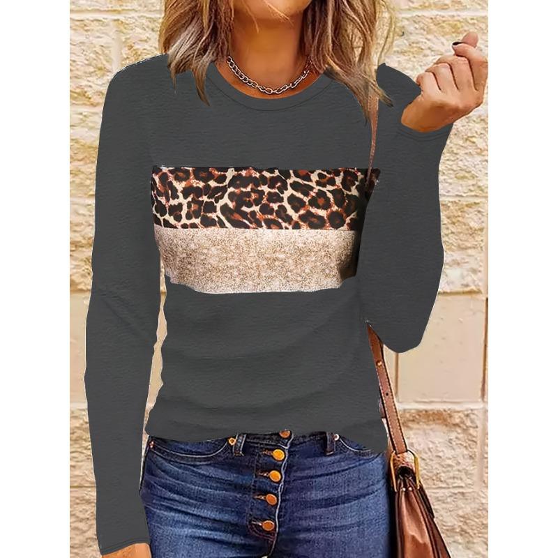 Women Fashion Leopard Printed T-Shirts Basic Casual O Neck Full Long Sleeve Tee Shirts Ladies Chic Knitted Tops