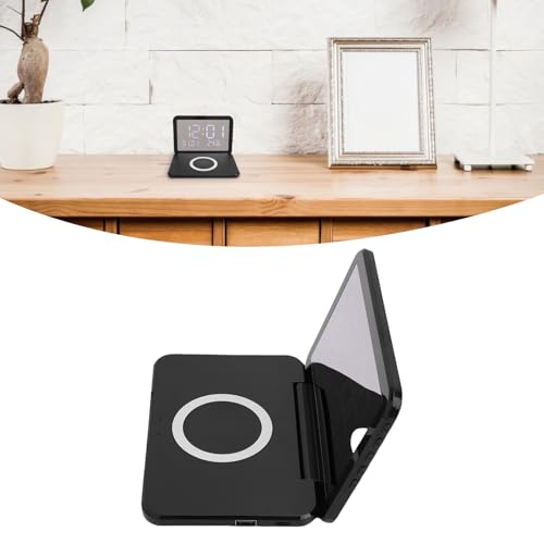 Réveil numérique à chargement sans fil confortable, horloge électronique miroir LED avec couvercle rabattable, charge rapide 15W, luminosité réglable, pour chambre à coucher (Bl