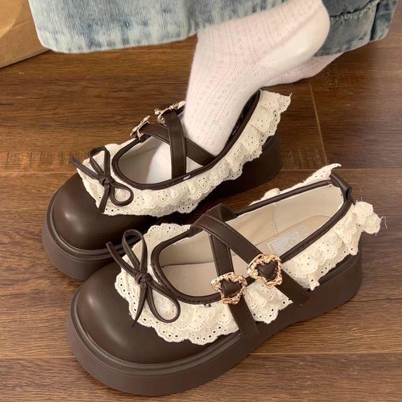 Black small leather shoes women's spring ballet style platform Mary Jane bow round head shoes height-increasing single shoes