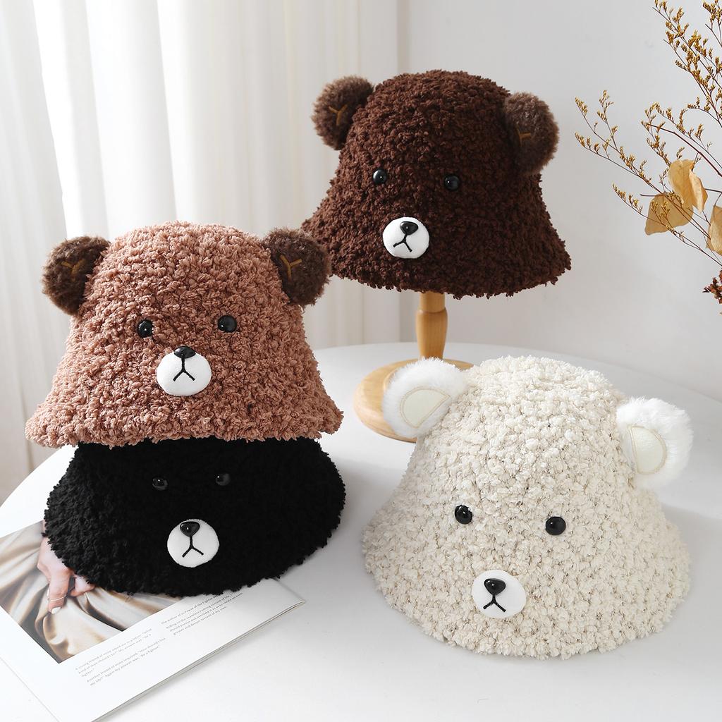 Cute Bear Ear Winter Hat For Women - Plush Fisherman Cap, Warm Thickened Cartoon Bucket Hat