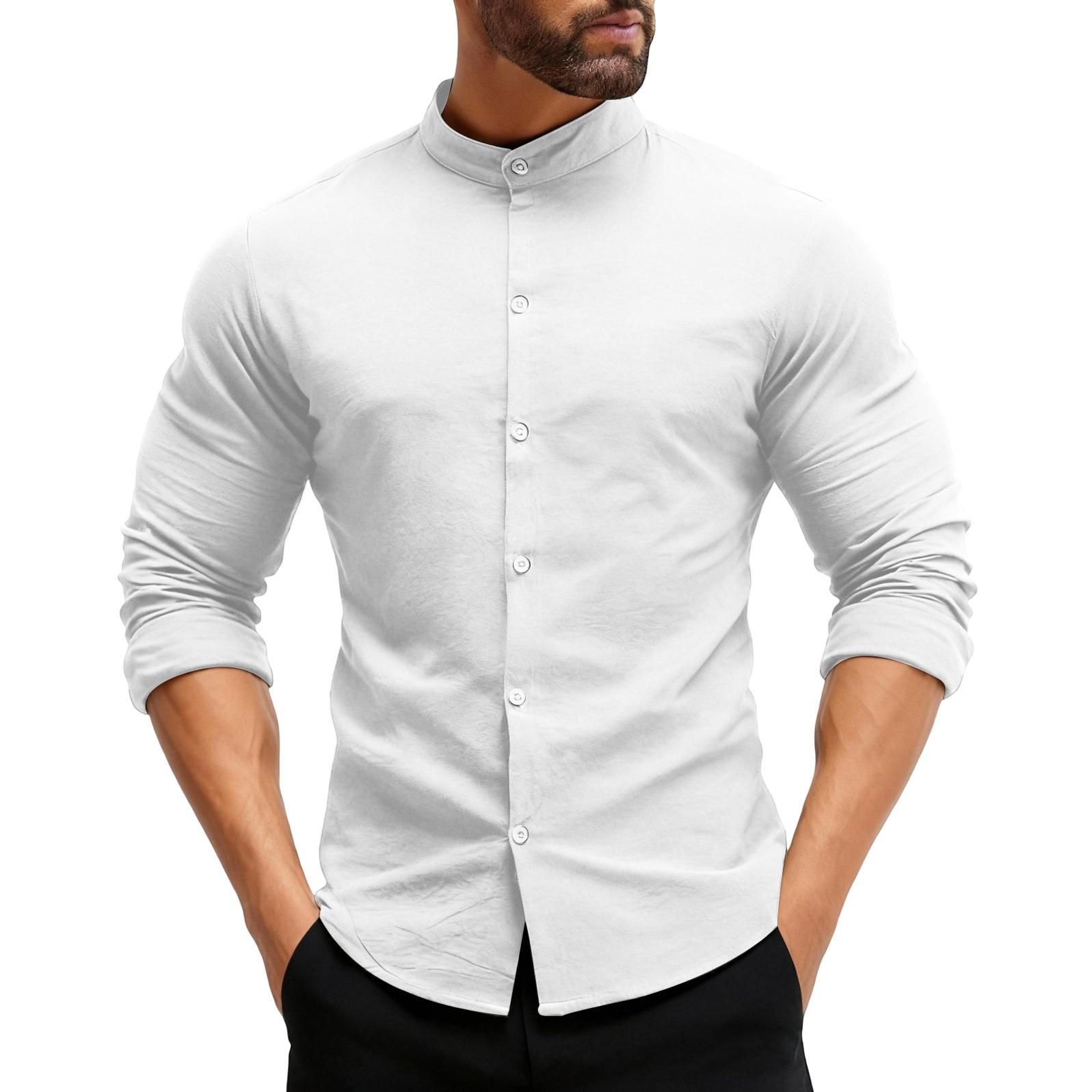 

Men s Casual Solid-color Stand-up Collar Button Cardigan Men s Casual Long-sleeved Cotton Shirt XL