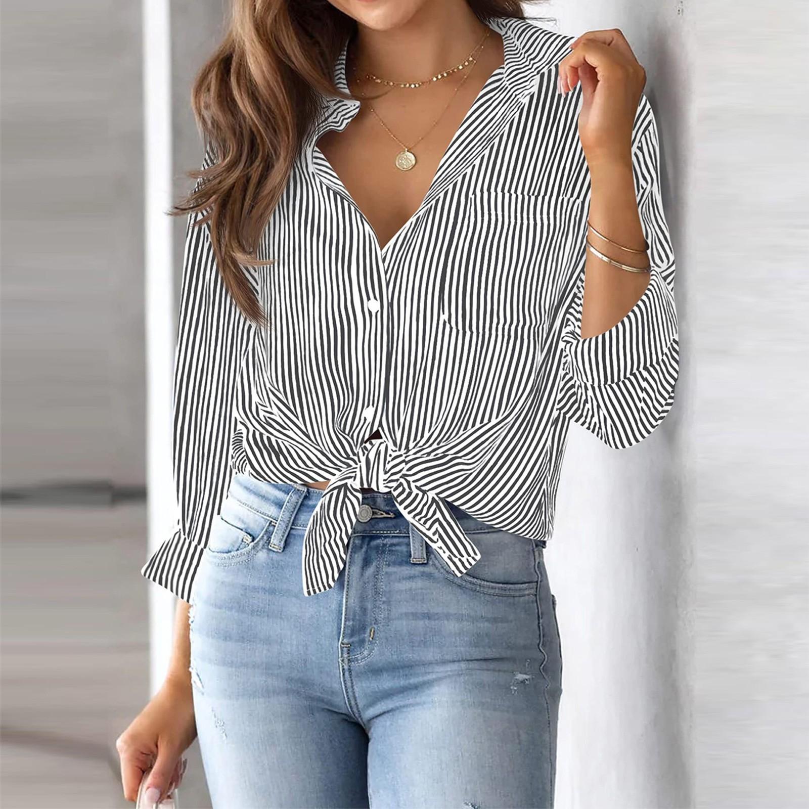 

Женская рубашка на пуговицах в полоску, классическая рабочая рубашка с длинными рукавами и воротником, топ с карманами L чёрный