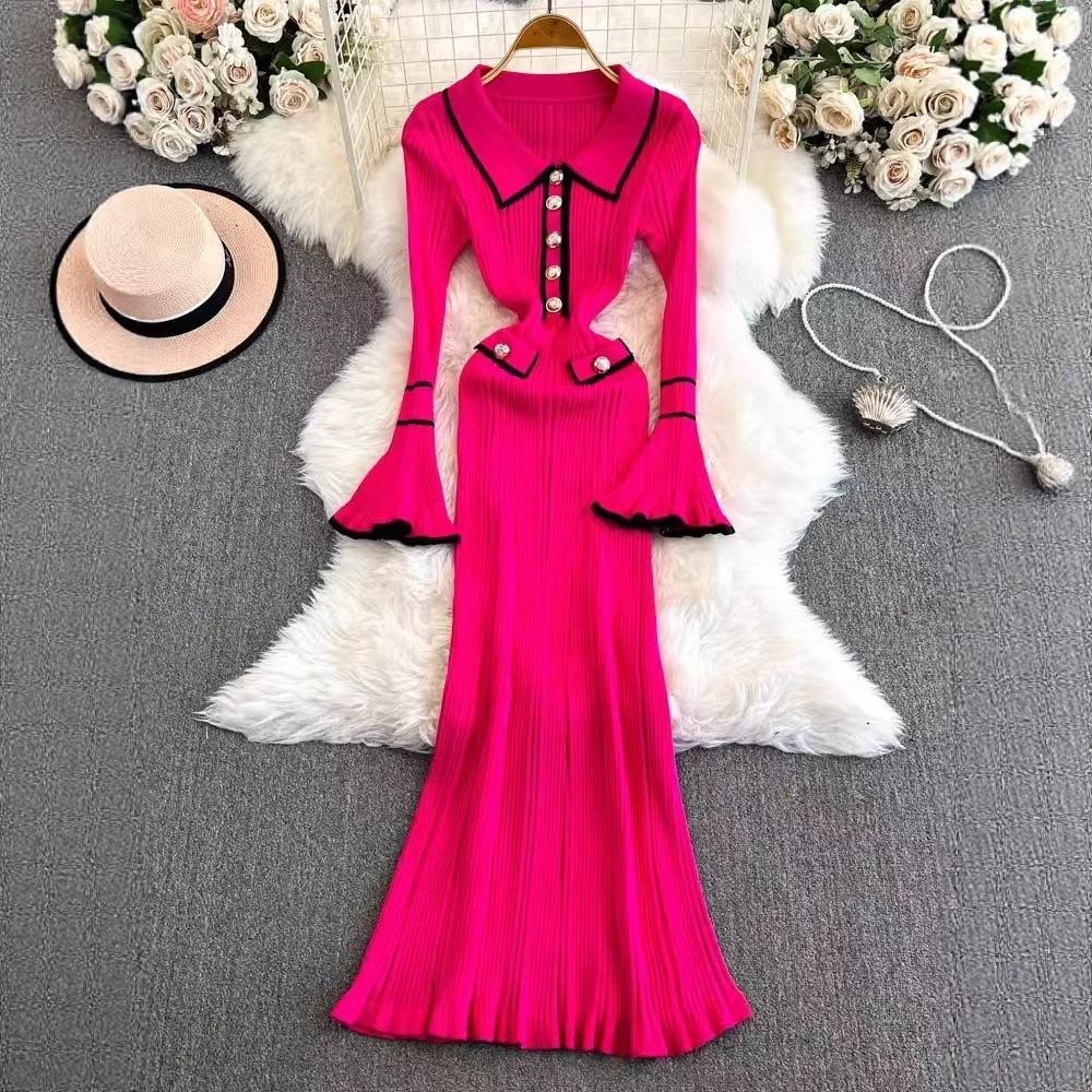 Europäisches & Amerikanisches Rüschenstrickkleid 2025 - Luxuriöses Französisches Herbst/Winter Revers Midi