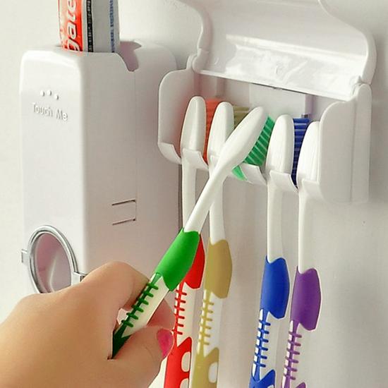 Korean Automatic Toothpaste Dispenser Set with Five-Slot Toothbrush Holder and Touch-Activated Squeezer - English Packaging