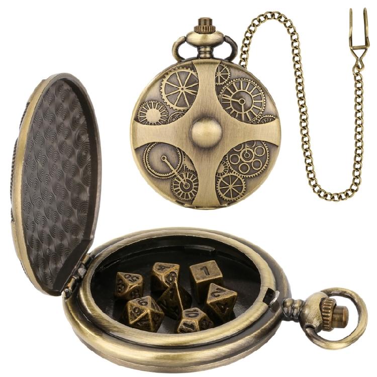 Unique Pocket Watch Case with 7pcs/set Metal Polyhedral Dices Pendant Fob Chain