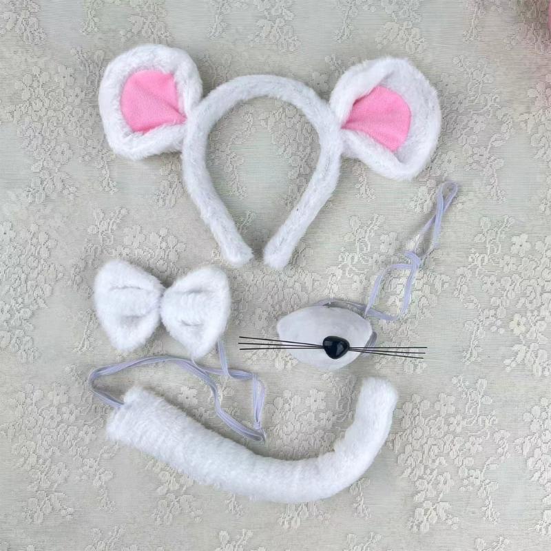 Halloween Mouse Cosplay Costume Set Mouse Ear Headband Tail Bowtie and Nose Animal Dress Up Costume for Kid Cosplay