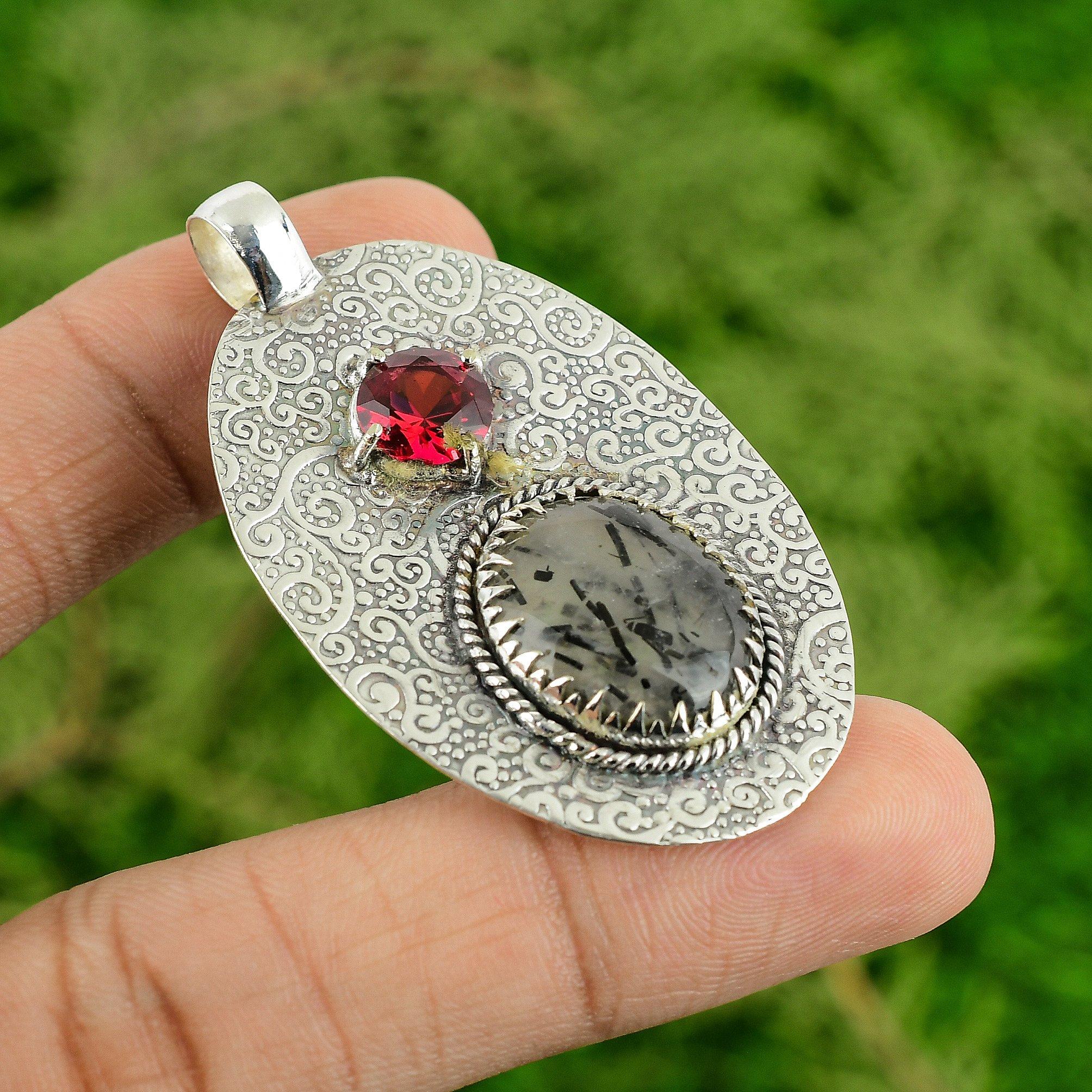 

Натуральный черный рутиловый кварц мозамбикский гранат стерлинговое серебро кулон-мать