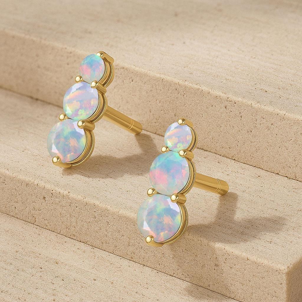 AAA White Opal Gemstone Gold Stud Earring, Ethiopian Opal Gemstone Stud Earring, October Birthstone Silver Earrings, Delicate Gift for Her