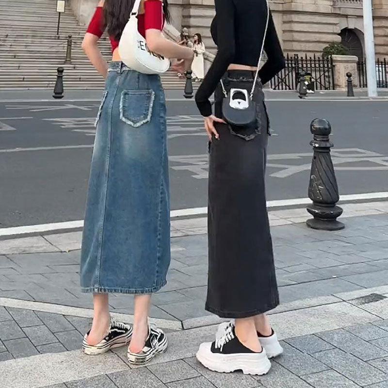 Spódnica jeansowa z surowym wykończeniem Prosta Średniej długości Rozcięcie Nieregularna Wysoki stan Casualowa Trapezowa Dopasowana na biodrach Spódnica do połowy ciała Damska Moda Jeansowy Bustier Spódnica