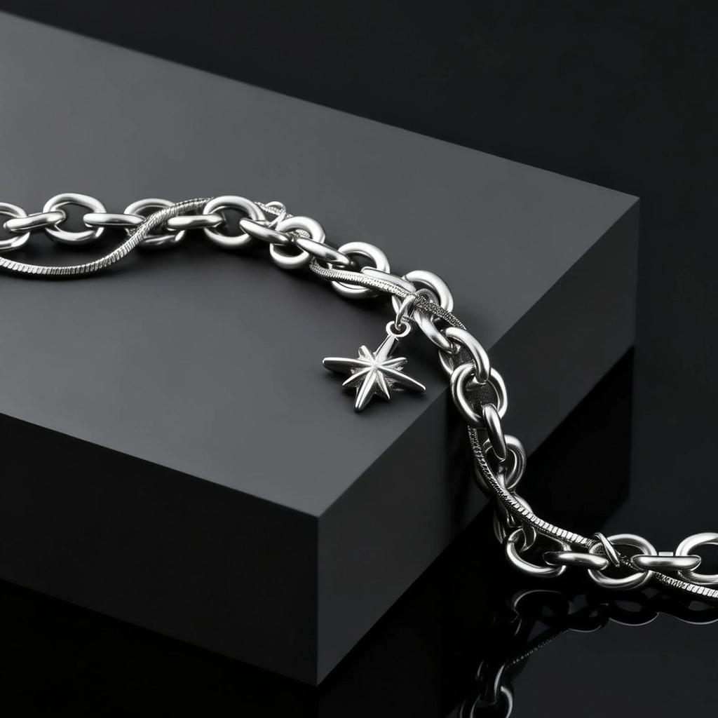 Retro Silver Color Stainless Steel Double-layer Bracelet for Men, Hip Hop Punk Style Star Charm Bracelets, Fashion Cool Jewelry