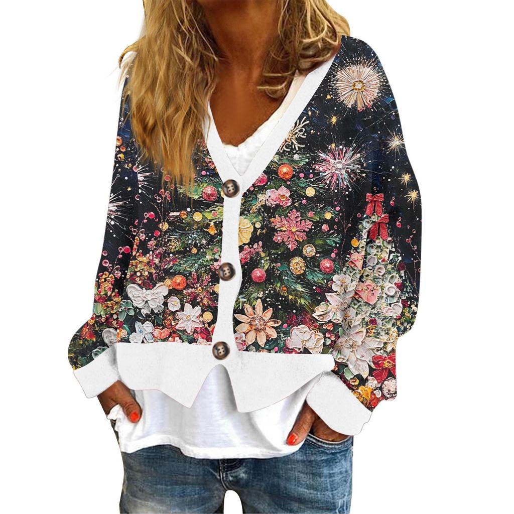 Women's Fashion Short Coat Casual Long Sleeve Christmas Printed Single Breasted Plush Top