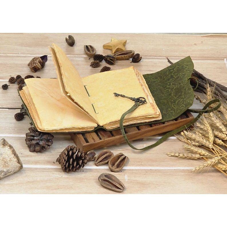 Embossed Green Leather Journal: Floral Spell Book, Deckle Edge Paper