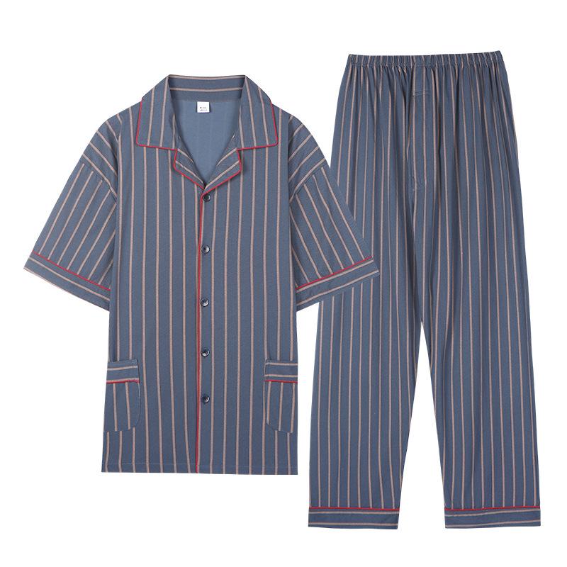 Mei Ji Yun Men's Cotton Lapel Pajama Set - Short Sleeve, Long Pants, Plus Size