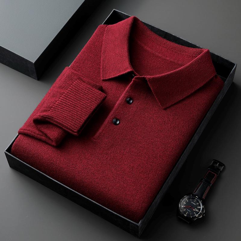 2026 Autumn/Winter Men's Slim Fit Heavy Knit Polo Sweater, 500g Lapel Pullover Base Layer