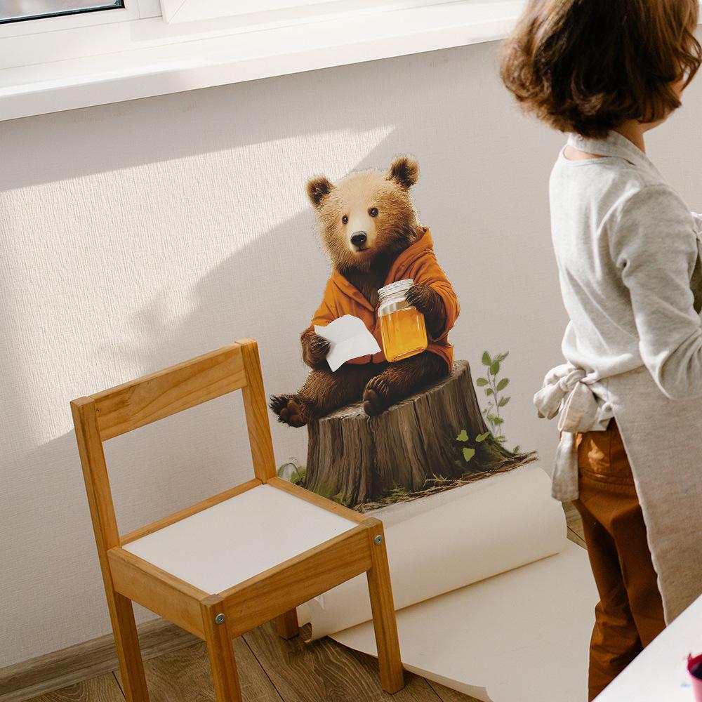 Honey-Eating Adorable Brown Bear Wall Sticker Playful Sweet Self-Adhesive Removable Decor for Kids Room Bedroom