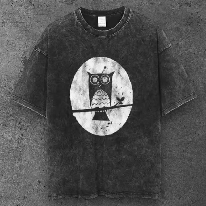 Mens Midnight Moon Owl Graphic T Shirt Washed Black Grunge Aesthetic S-3XL S разноцветный