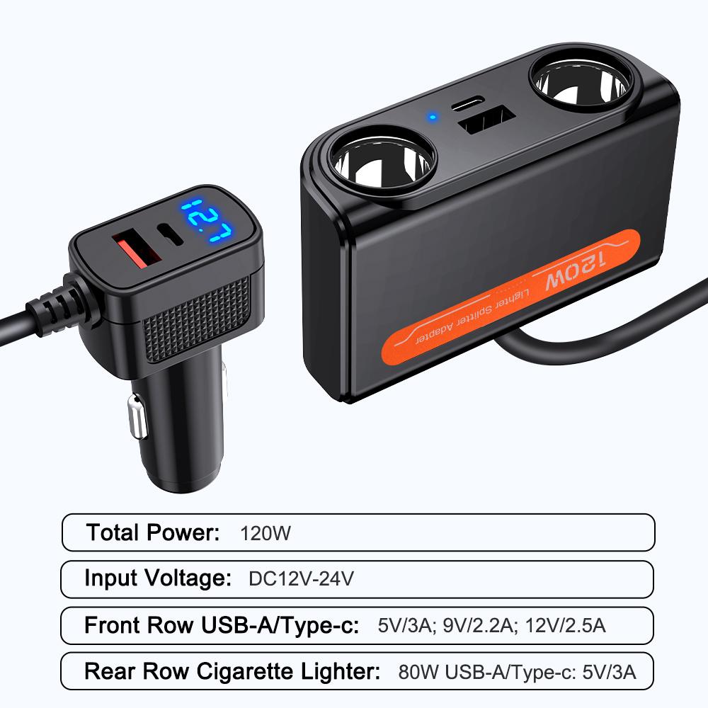 120W Car Cigarette Lighter Adapter PD QC USB Fast Charge Plug Splitter Ports Socket LED Voltmeter Electric Auto Accessories