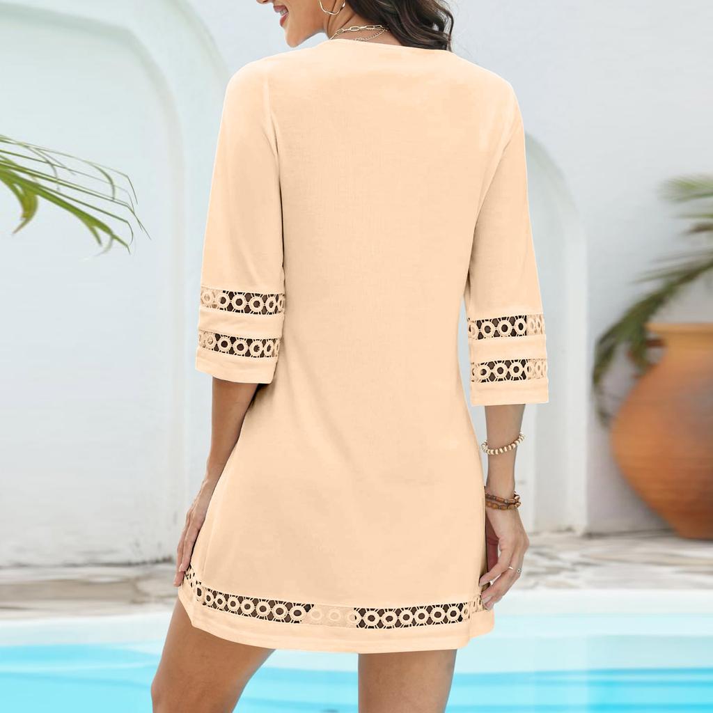 Women's Summer Spring Casual T Shirt Dress Hollow Out Short Sleeve Beach Vacation Swing Sundress