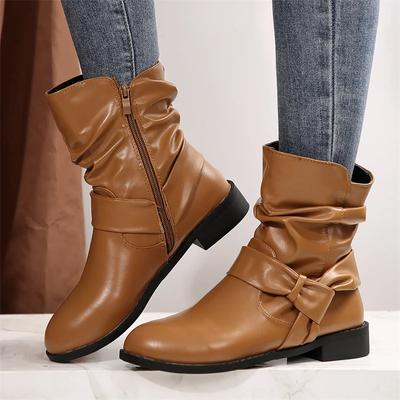New Round Toe Low Heel Elegant Side Zipper Comfortable Fashionable Short Boots Casual Warm Solid Color Folds Sexy Women's Shoes