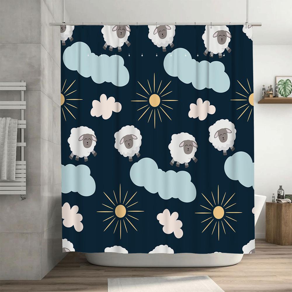 Adorable Sheep Cloud Sunburst Blue Shower Curtain Waterproof Polyester Fabric for Bathroom Decorations in Navy Green White Color