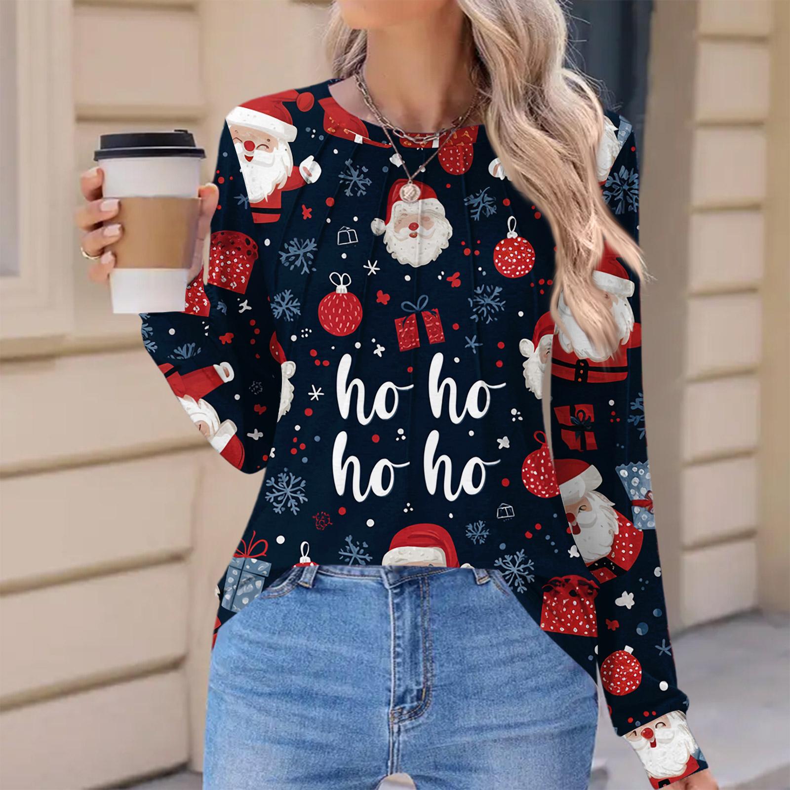 

Женская модная повседневная футболка с рождественским принтом, плиссированная, удобная, с круглым вырезом, свободная, с длинным рукавом L тёмно-синий
