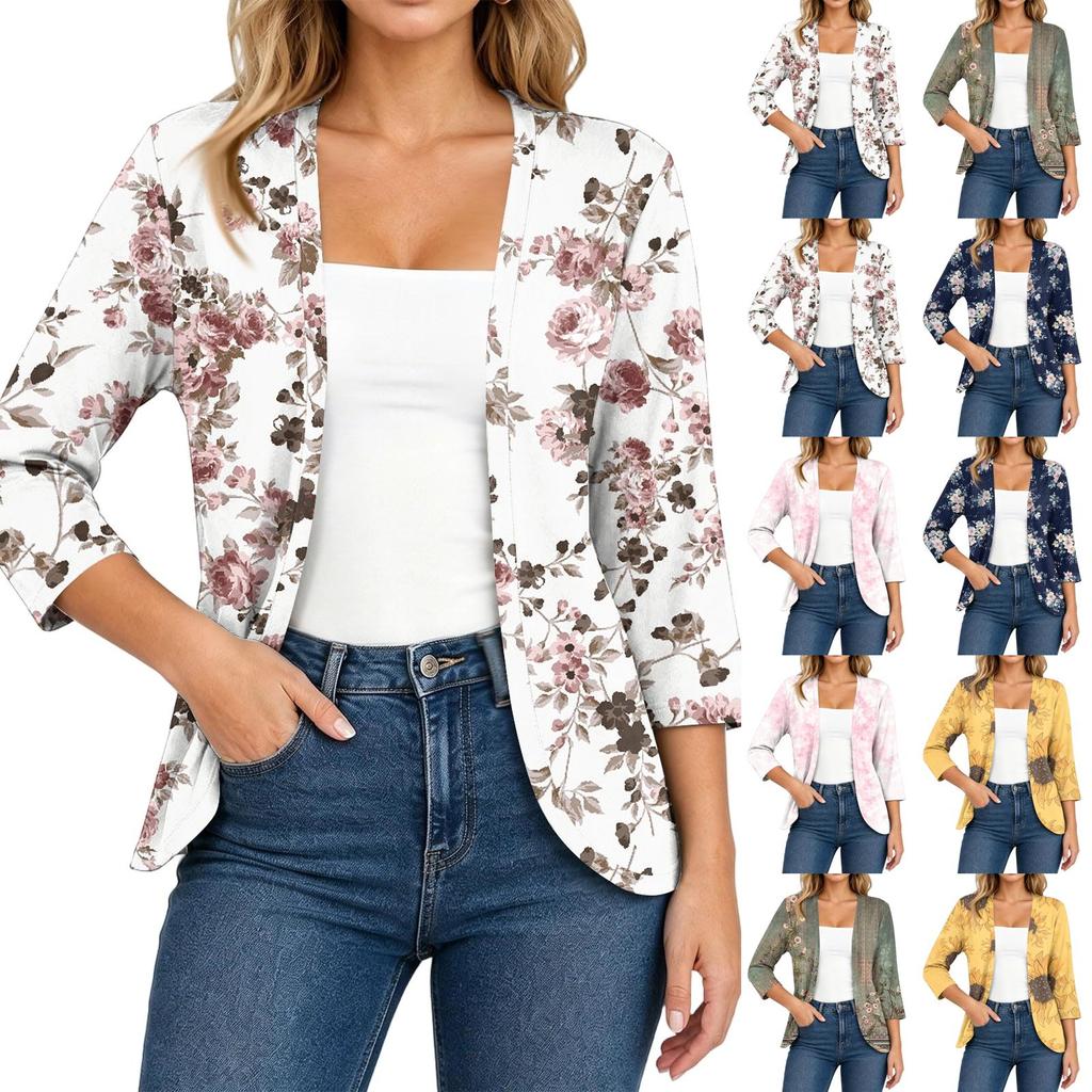 Women's Lightweight Loose Fit Vintage Floral Print Three-Quarter Sleeve Cardigan for Casual Daily Wear