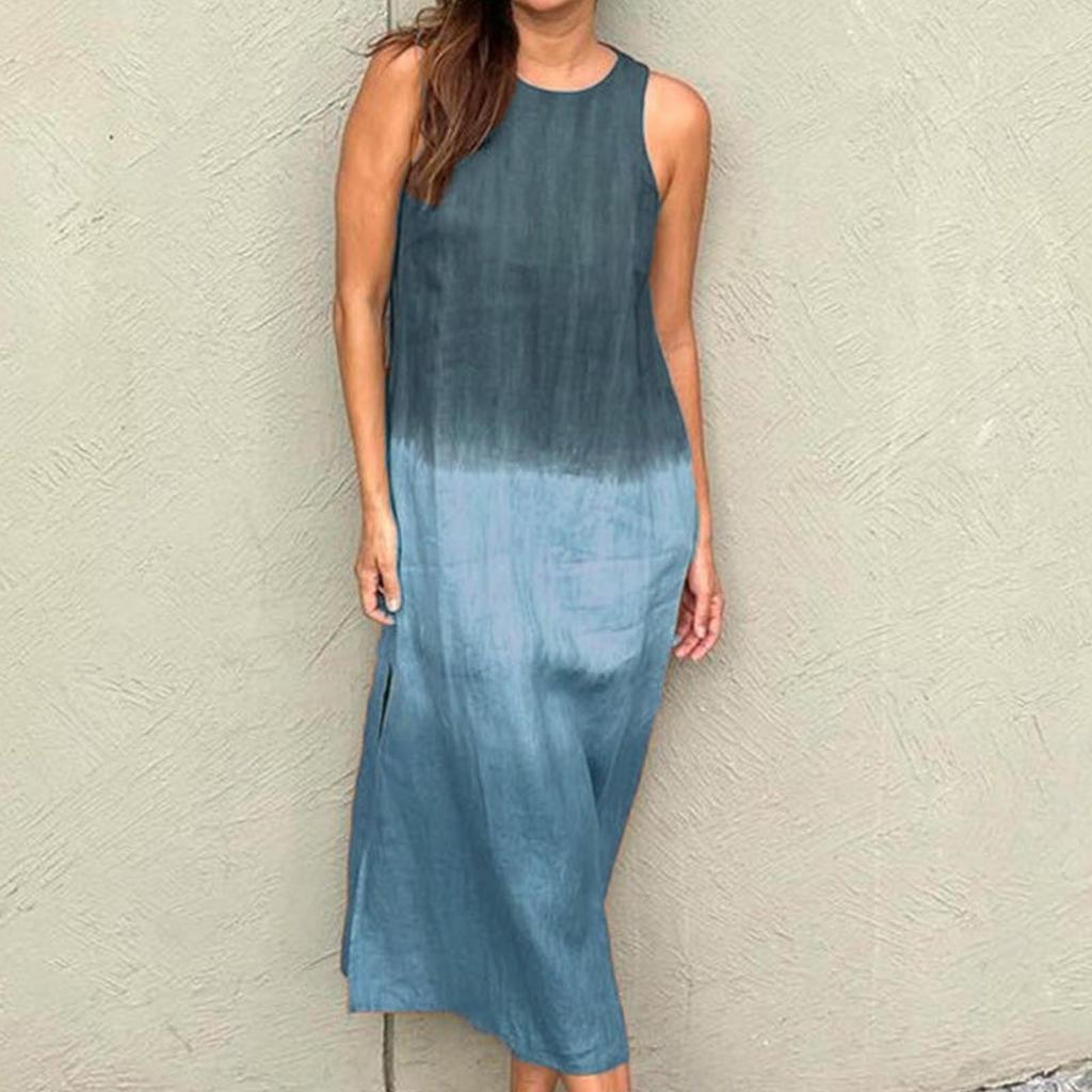 Women's Gradient Sleeveless Tank Dress Split Hem Loose Fit Summer Crewneck Flowy Casual Beach Dresses