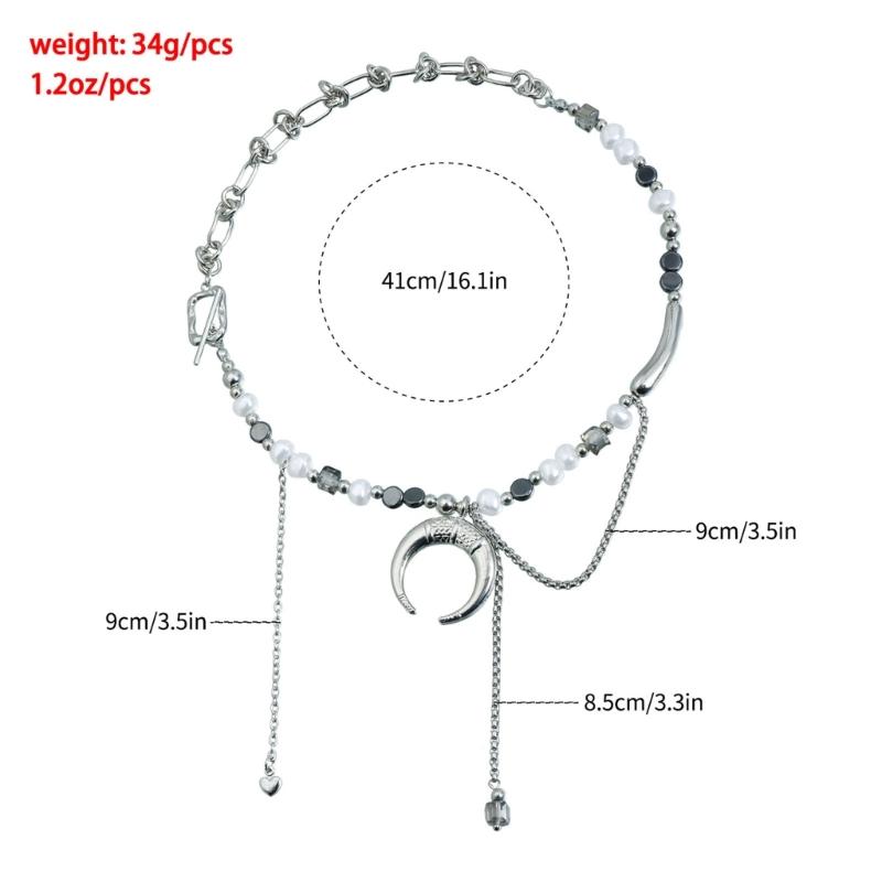 Chic Beaded Alloy Necklace Featuring Flat Moon Charm and Pearls Diamond Elements Creating Modern Fashion Look for Women