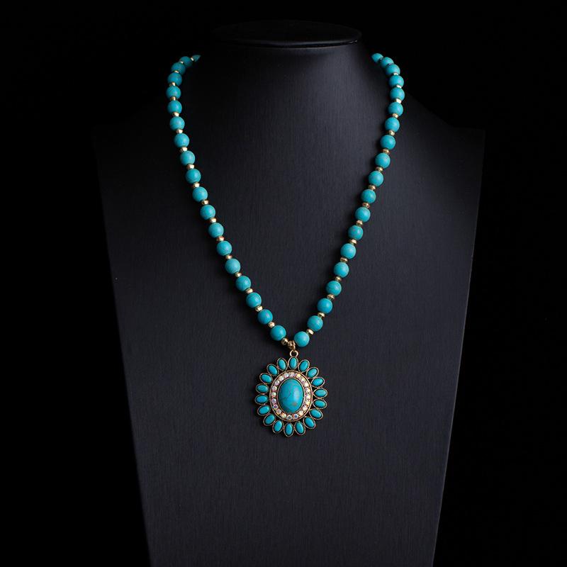 Bohemian Retro Ethnic Style Turquoise Necklace Female Western Denim Style Multi-Layered Wearing High-End Sweater Chain