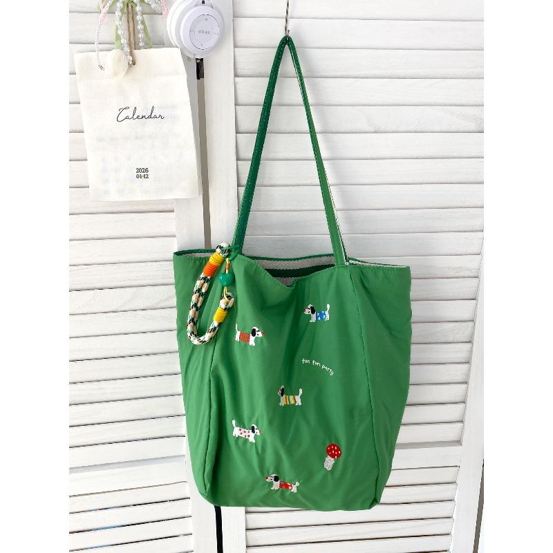 Early spring new dopamine double-sided shoulder bag cute dachshund dog embroidered canvas bag small fresh nylon underarm bag