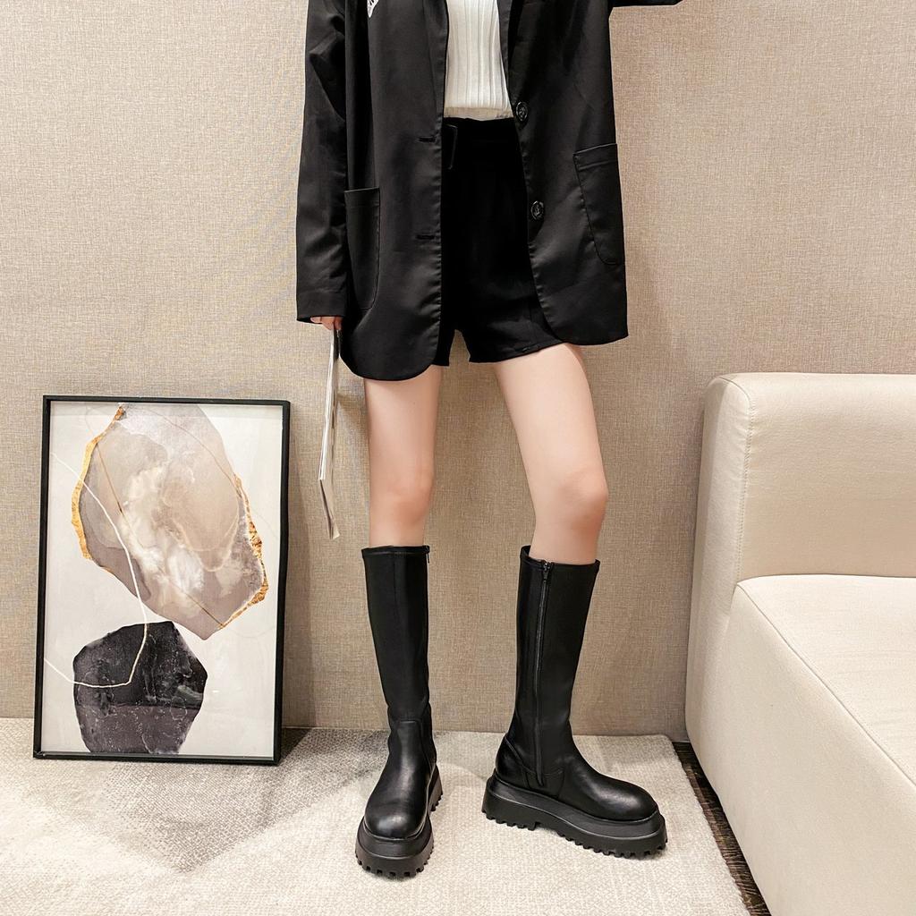 Fashion muffin knight boots single 2025 autumn new models but knee long women's boots black platform short boots waterproof table