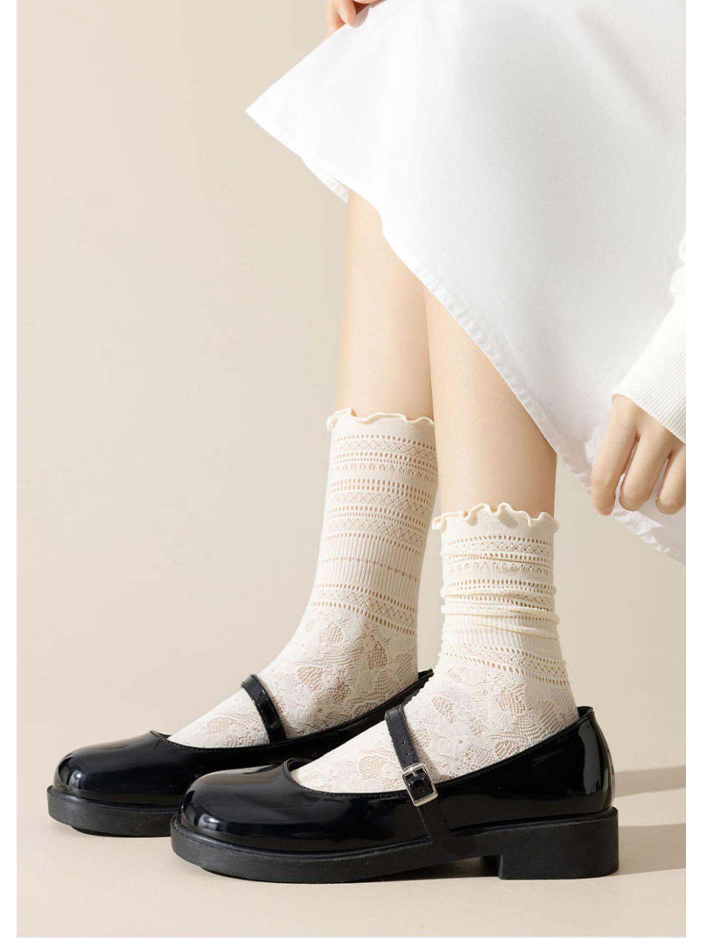 

Летние белые кружевные носки до середины икры с фестончатым краем, женские носки с сеткой для воздухопроницаемости One Size бежевый