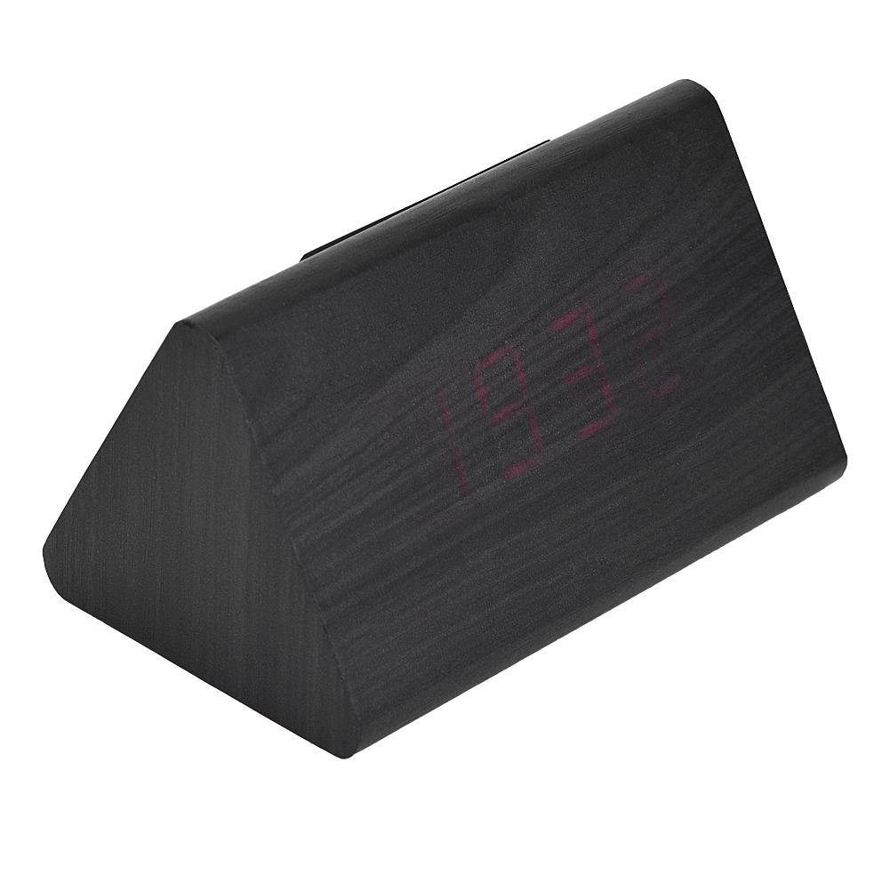 Wooden Electronic Digital Alarm Clock LED Display Temperature Time Voice Control Black Wood