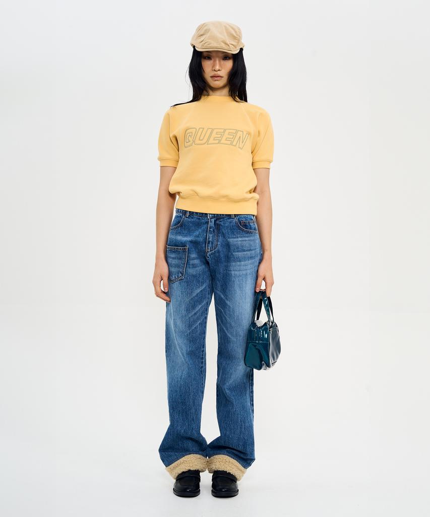 Woldeudillema Queen Embroidery Crop Half Sweatshirt (Yellow)