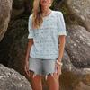 Women Tops Round Neck Puff Short Sleeve Hollow Lace Pullover Tops Solid Color Loose Fit Summer T-shirt