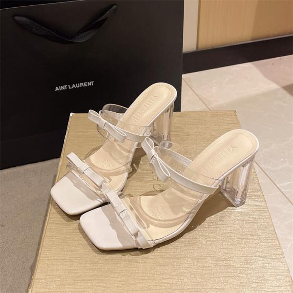 Fashion High-Heeled Shoes Lady Ladies' Slippers Glitter Slides Square heel Big Size Butterfly-Knot Jelly Block Butterfly-knot Square hee