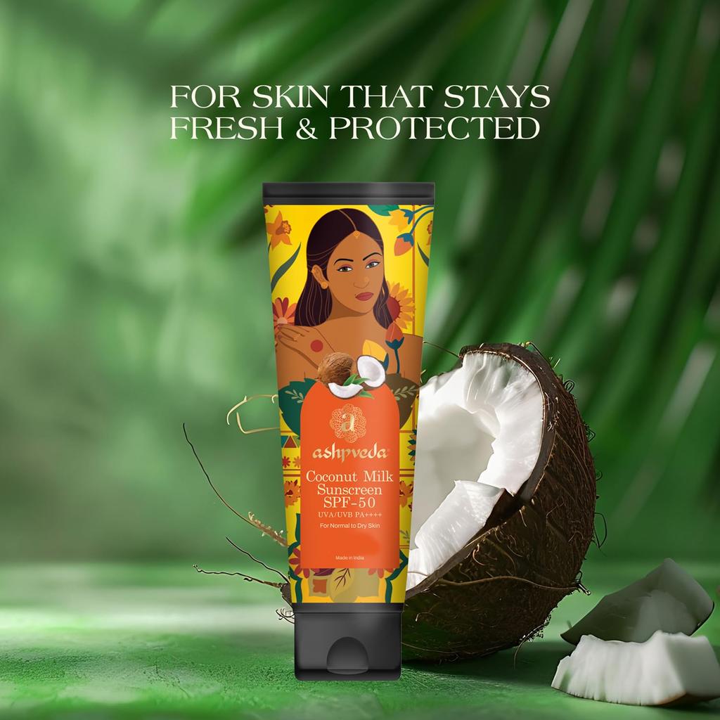 Ashpveda Coconut Milk Sunscreen SPF 50PA++++ | Broad Spectrum UVA/UVB and Blue Light Protection | Hydrating, Lightweight, Fast Absorbing, No White-