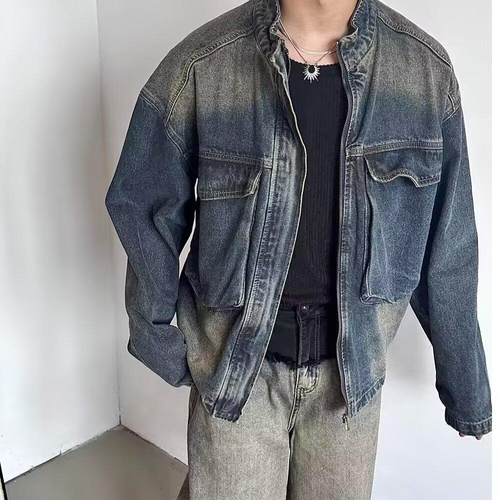 Nostalgic Blue Retro Denim Jacket - Men's Loose Fit with Large Pockets and Stand Collar for Spring & Autumn