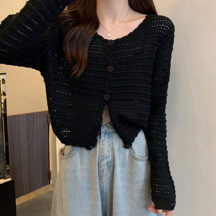 

Pointelle Knit Cardigan for Women Long Sleeve Single Breasted Sweater Jacket Crop Openwork Cardi Top Female Basic Daily Outfit One Size чорний