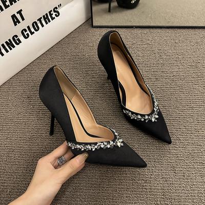 French Rhinestone Trimmed High Heels for Women 2025 Daily Versatile Black High-end Pointed Thin Heel Shallow Single Shoes for Women