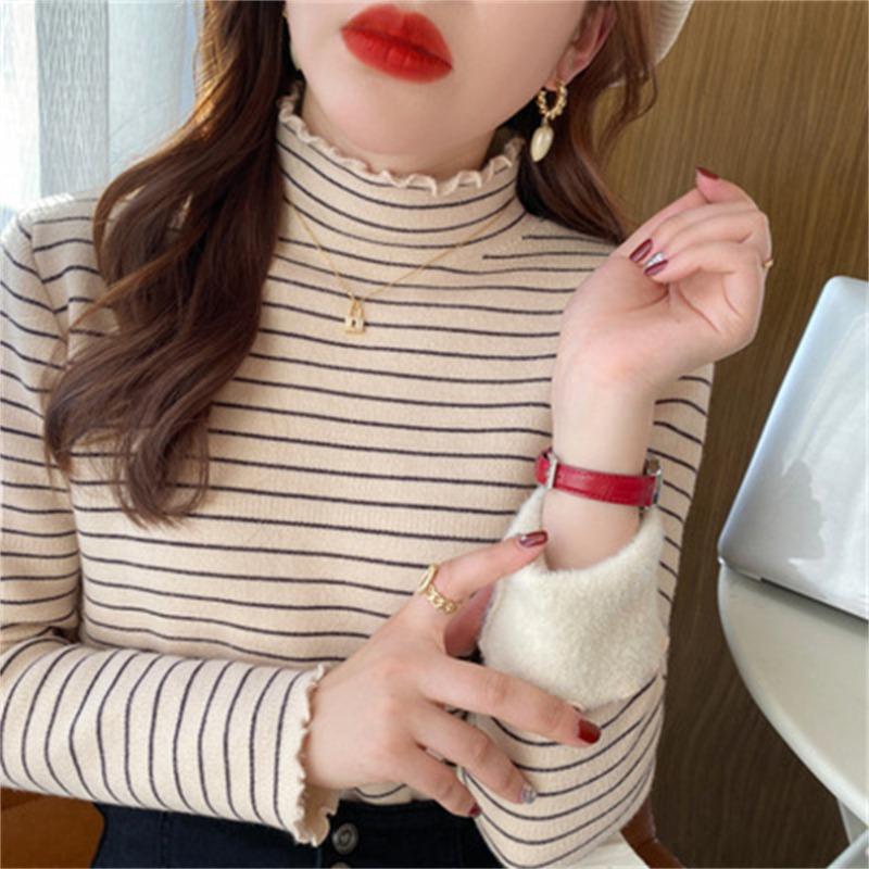 Autumn and winter new warm thickened knitted bottoming shirt women's stripe versatile integrated velvet semi-turtleneck pullover sweater inner