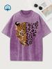 Washed Cotton T-shirt Women's Leopard Tiger Cartoon Print Short Sleeve T Shirt Graphic Tee Round Neck Top Casual Vintage